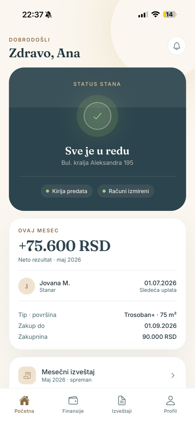 StanCare aplikacija — početni ekran vlasnika sa statusom stana